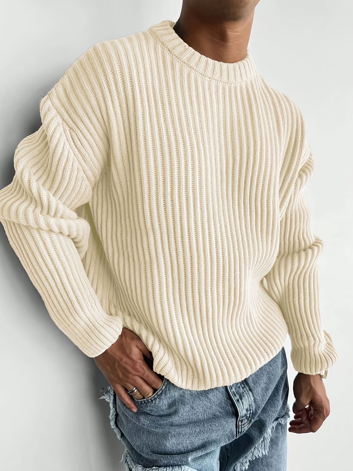 Hearujoy Men'S & Women'S Fall/Winter Knit Sweater, Casual Crew Neck Long Sleeve Pullover, 100% Polyester, Loose Fit, Solid Color, Medium Stretch Knit Fabric