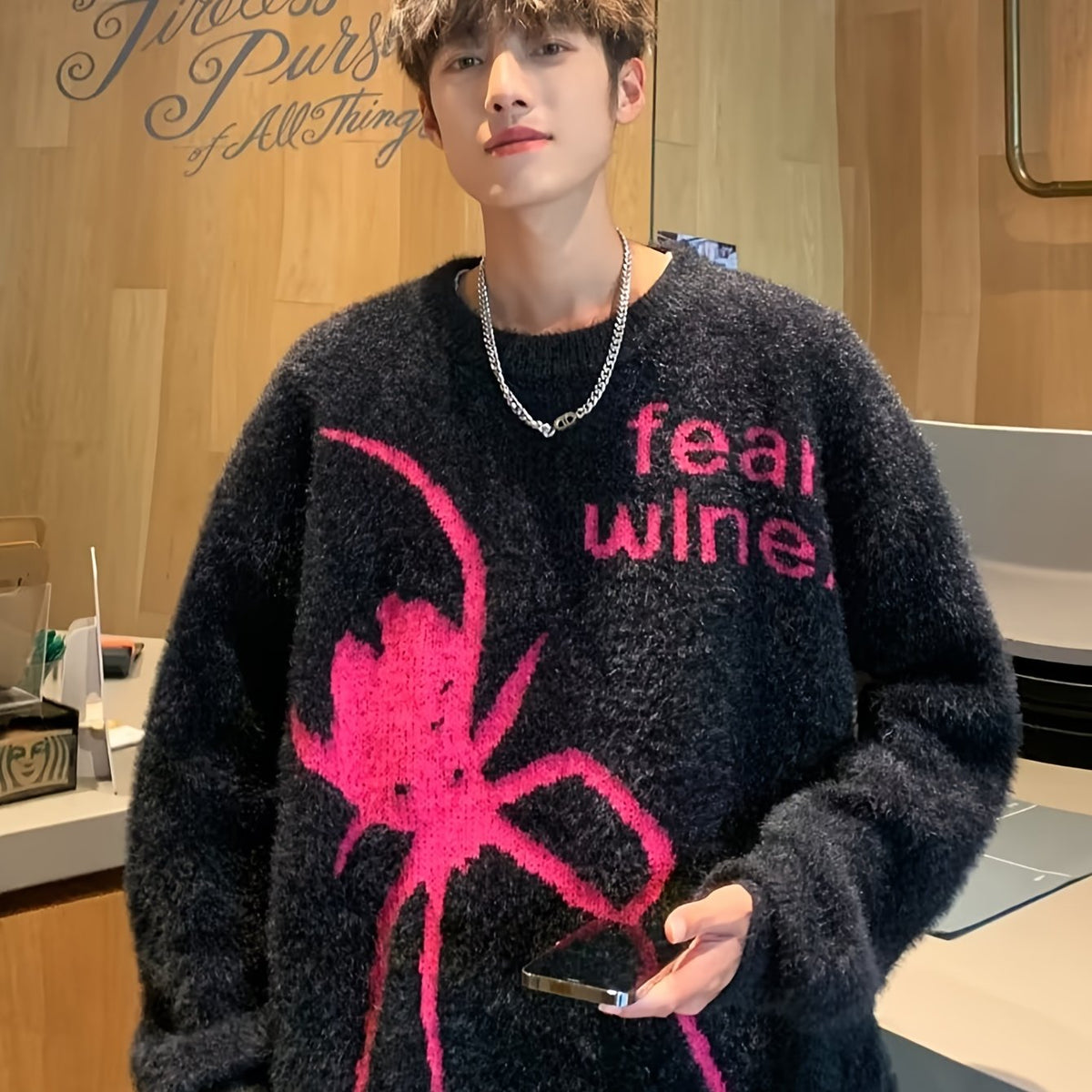 Men'S Casual Crew Neck Knit Sweater, Polyester, Loose Fit Pullover with Medium Stretch, Animal Pattern, with Spider & Letter Detail, for Fall/Winter, Daily Wear & Outdoor Activities