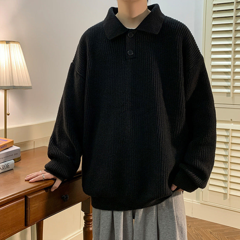 Hearujoy Vintage Mens Polo Neck Sweater Autumn Winter Long Sleeved Knitted Top Japanese Lazy Style Fashion Loose Knit Sweater Thick