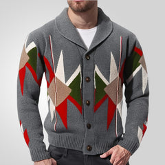Hearujoy Autumn Winter Vintage Heavy-duty Jacquard Sweater Men Lapel Thick Knit Cardigan British Style Geometric Patterns Knitwear Coat