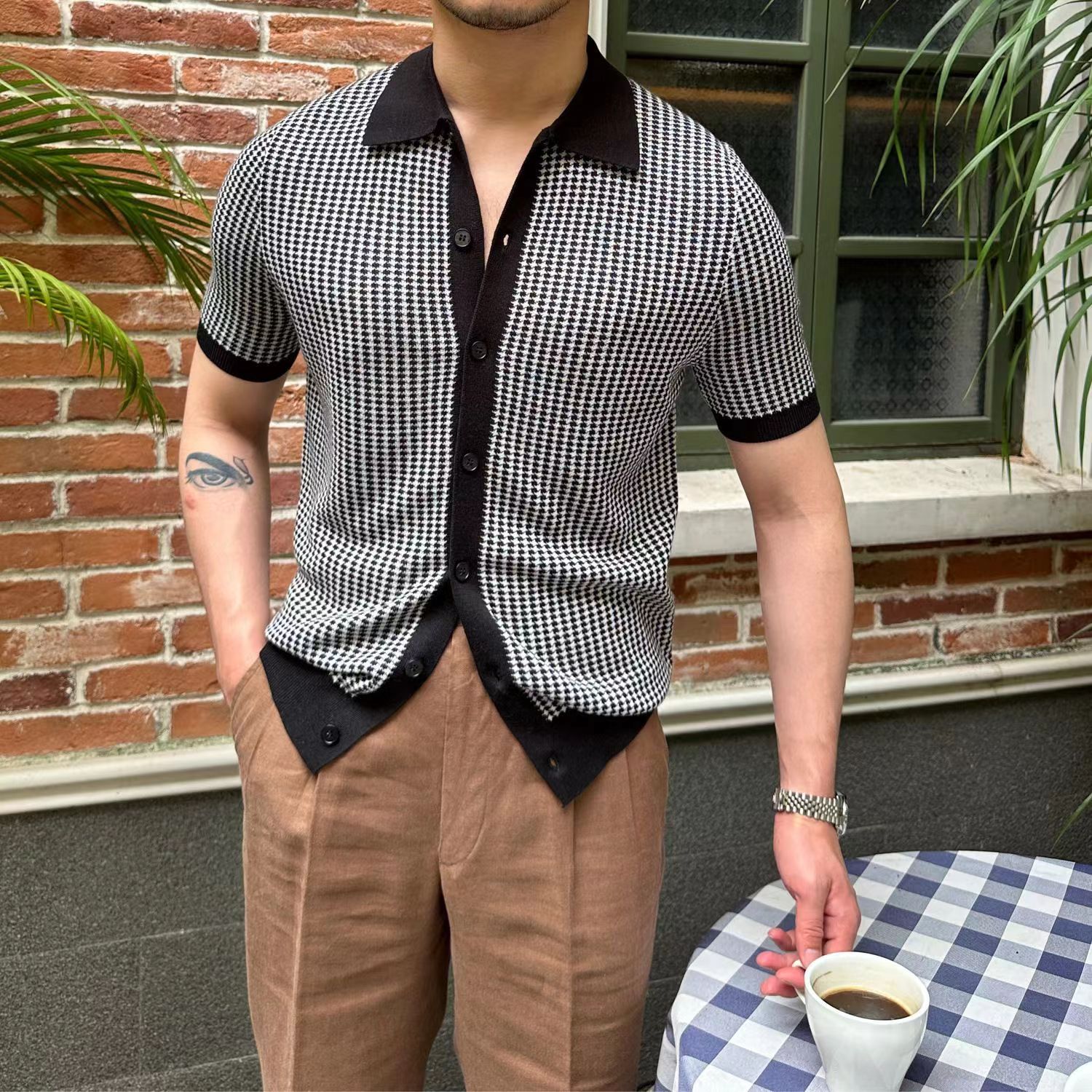 Hearujoy Summer Men Knit Polo Shirts Fashion Simple Plaid Knitted Sweater Vintage Short sleeve Button Cardigan Business Casual Knitwear