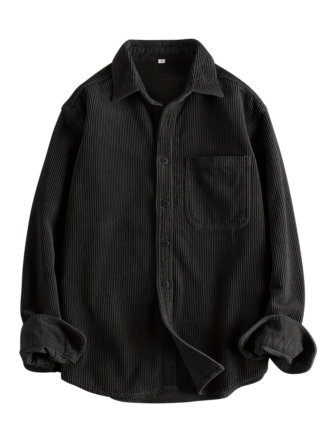 HEARUJOY  -  Men's Casual Corduroy Long Sleeve Shirt - Solid Color, Button Detail, Single Breasted, Loose Fit - Polyester 100%, Non-Stretch Fabric, 270gsm, Acetate Lining, Lapel Collar, Woven Placket, Weeke