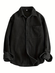 HEARUJOY  -  Men's Casual Corduroy Long Sleeve Shirt - Solid Color, Button Detail, Single Breasted, Loose Fit - Polyester 100%, Non-Stretch Fabric, 270gsm, Acetate Lining, Lapel Collar, Woven Placket, Weeke