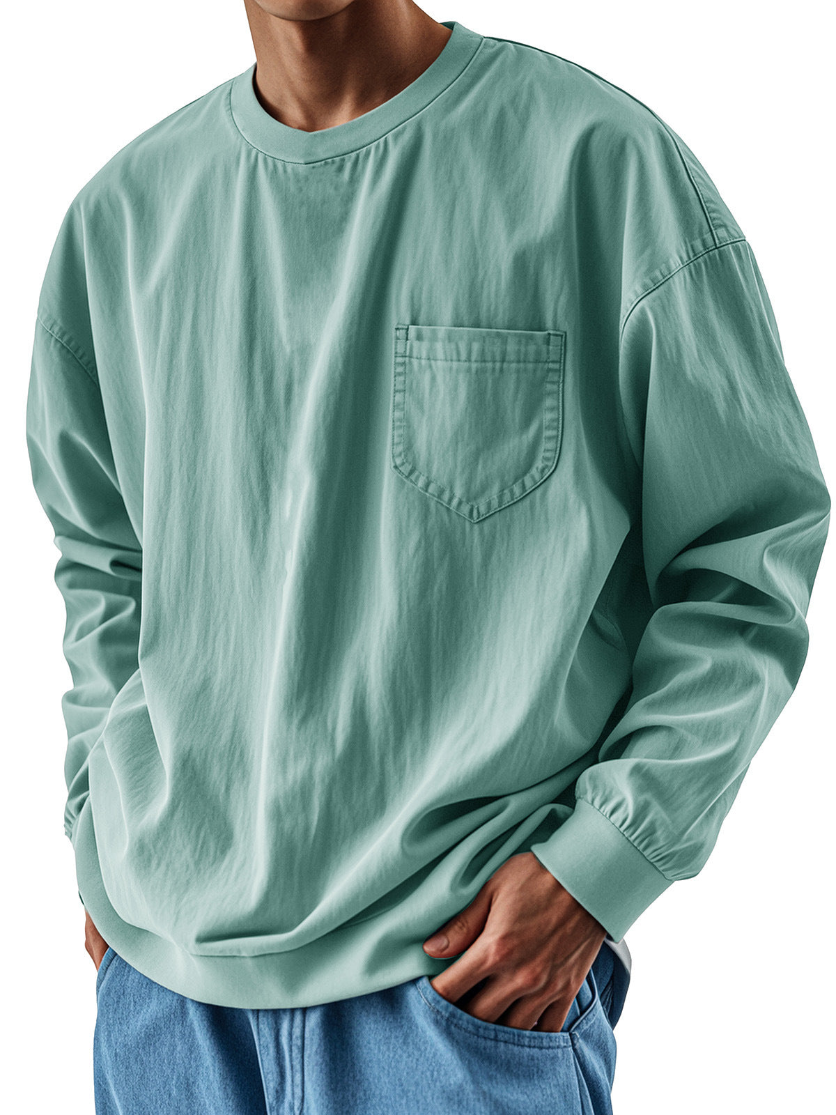 Hearujoy Oversized Loose Long sleeve T-shirt For Men 2025 Spring Fashion Vintage Top Tee Solid Casual Chest Pocket Tshirts streetwear