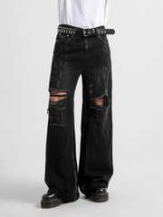 Hearujoy [Distressed Men's Street Jeans Designs] Men's Jeans With Distressed Designs On The Street, Men's Ins Street Dance Skateboard, Loose Straight Leg Casual Denim Pants