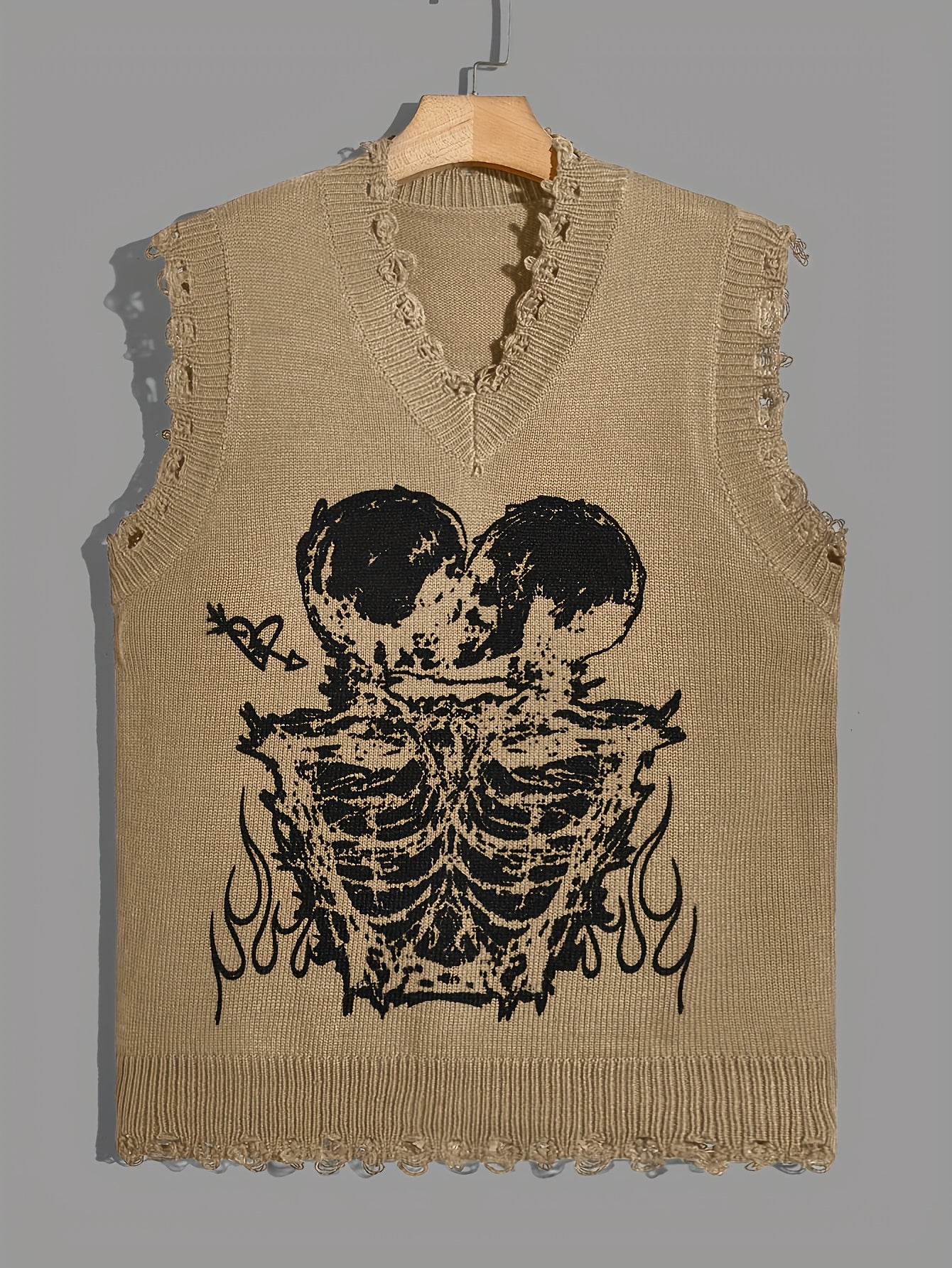 Hearujoy Stylish Men's Brown Knit Sweater Vest with Skull Print - Casual V-Neck, Sleeveless Pullover with Raw Hem Detail, Perfect for Summer