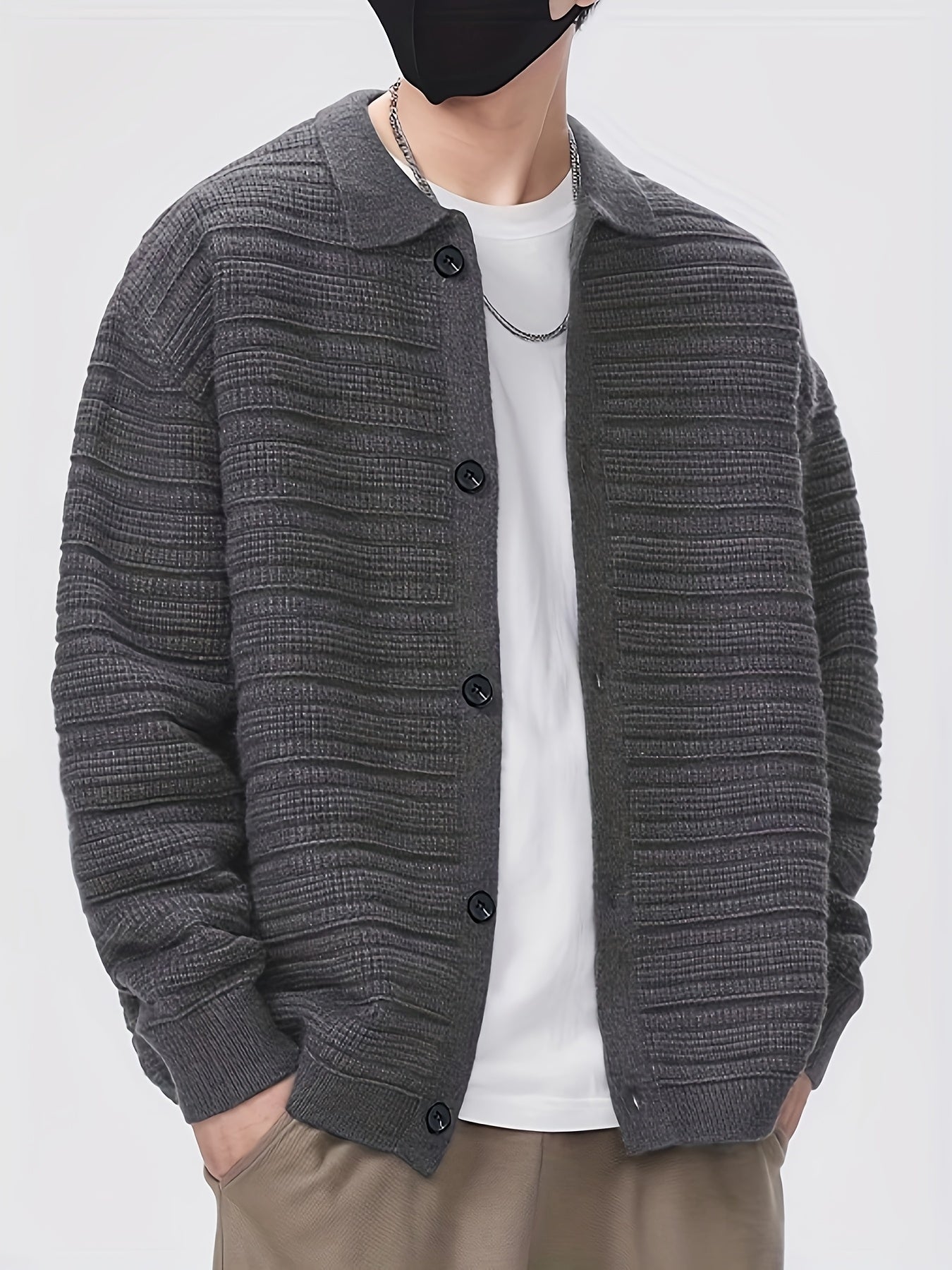 Hearujoy Men'S Fall/Winter Casual Rib-Knit Cardigan, Acrylic Blend, Preppy Style, Loose Fit, Relaxed Shoulder, Long Sleeve, Solid Color, Medium Stretch, Knit Fabric, with Lapel Collar and Open Front for Men