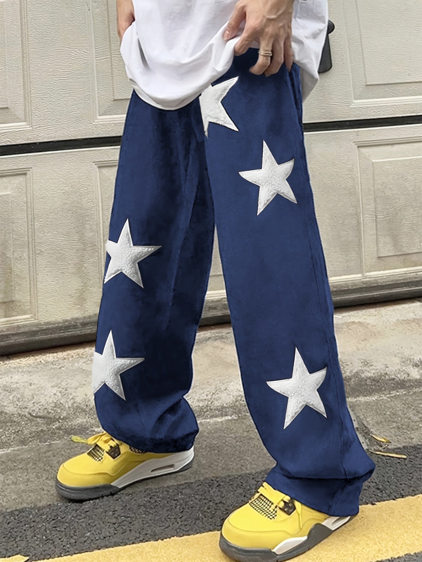 Hearujoy Men's Casual Loose Fit Drawstring Pants With Star Pattern Embroidered Design, Lightweight Comfy Pants For Sport And Casual Wear