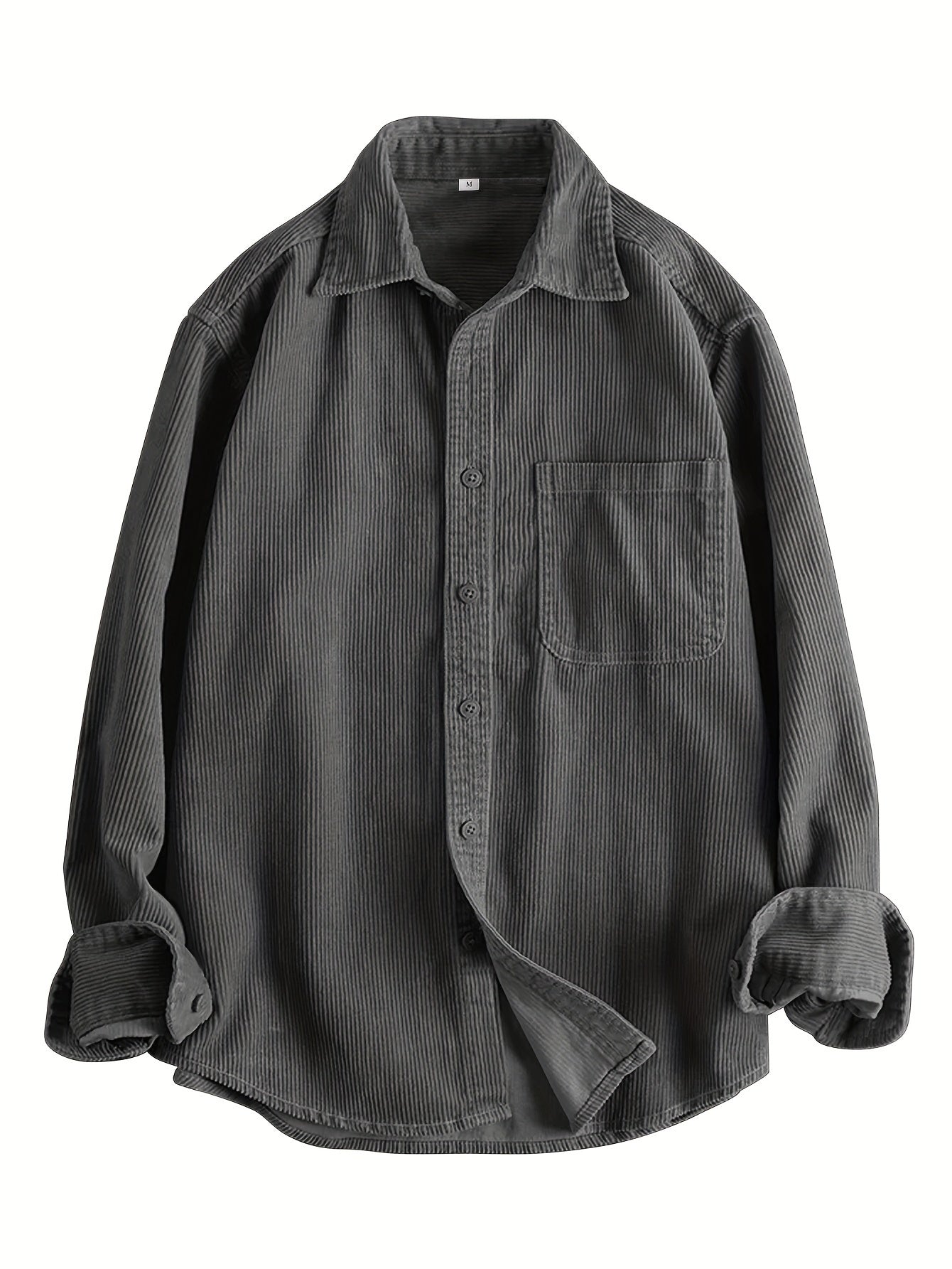 HEARUJOY  -  Men's Casual Corduroy Long Sleeve Shirt - Solid Color, Button Detail, Single Breasted, Loose Fit - Polyester 100%, Non-Stretch Fabric, 270gsm, Acetate Lining, Lapel Collar, Woven Placket, Weeke