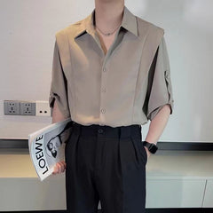 Hearujoy Summer Ice Silk Shirt For Men Fashion Casual Three Quarter Sleeve Tops Trendy Vintage Fake Two Shirts Streetwear Advanced Sense