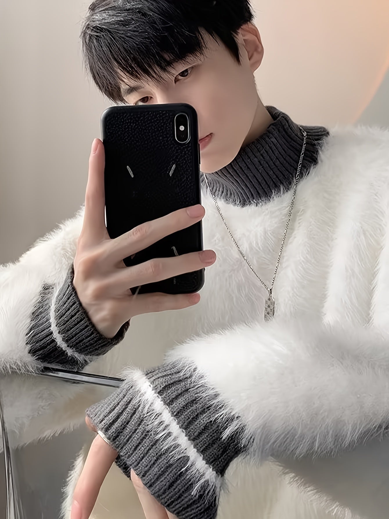 Hearujoy Men'S Casual High Neck Striped Mink Fur Sweater, Polyester Knit Fabric, Loose Fit Pullover, with Contrast Collar, for Fall/Winter