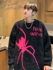 Men'S Casual Crew Neck Knit Sweater, Polyester, Loose Fit Pullover with Medium Stretch, Animal Pattern, with Spider & Letter Detail, for Fall/Winter, Daily Wear & Outdoor Activities