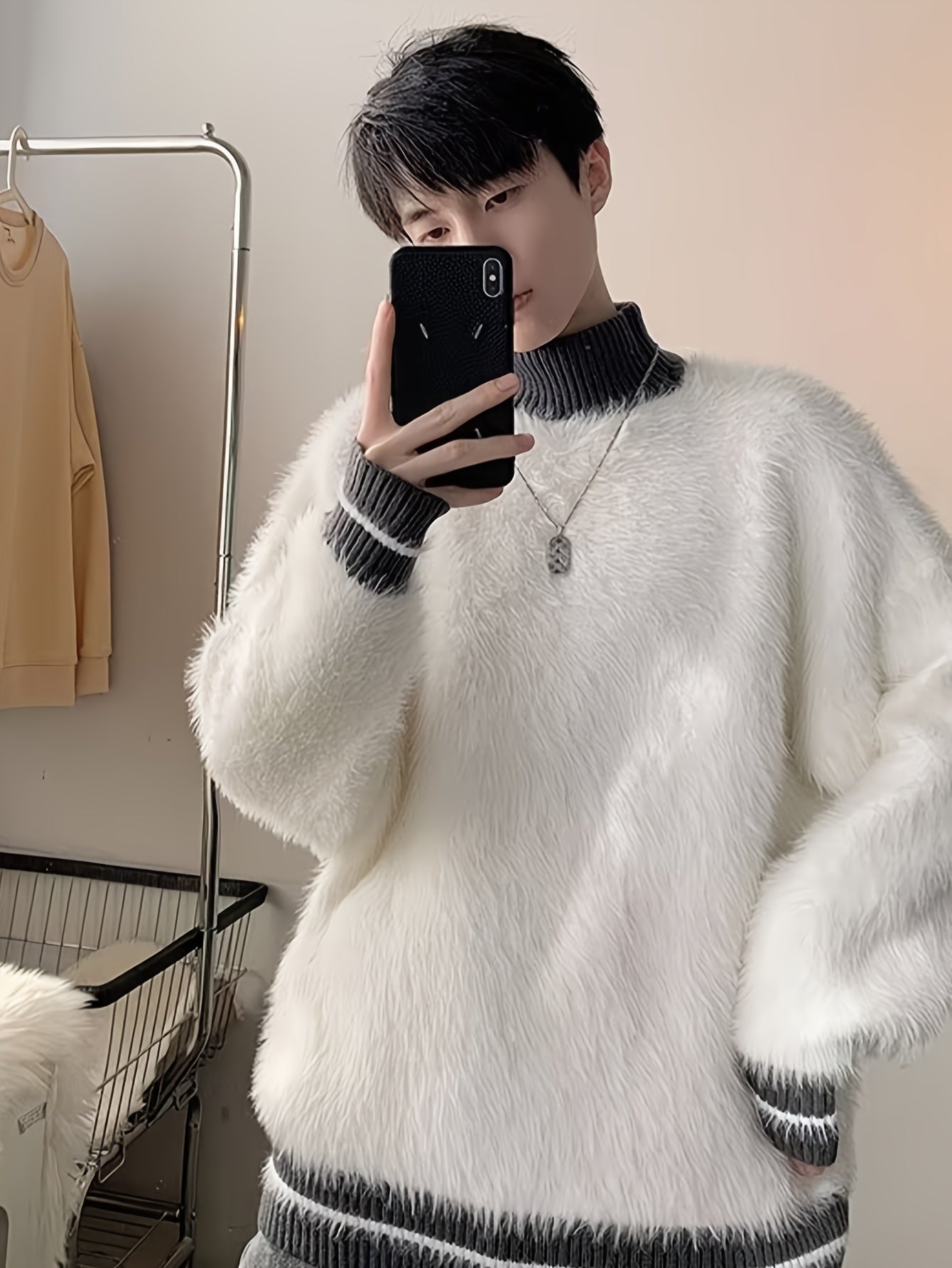 Hearujoy Men'S Casual High Neck Striped Mink Fur Sweater, Polyester Knit Fabric, Loose Fit Pullover, with Contrast Collar, for Fall/Winter