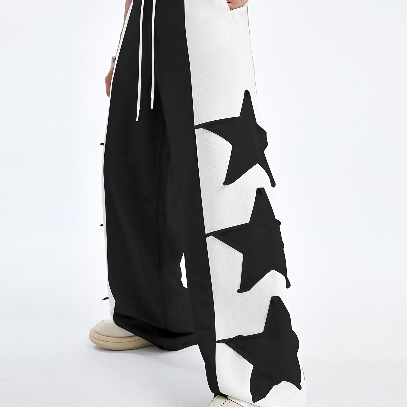 Hearujoy Star Pattern Contrast Trousers, High Street Style Casual Loose Sports Pants with Stitching Detail, Machine Washable Polyester, Daily, Polyester