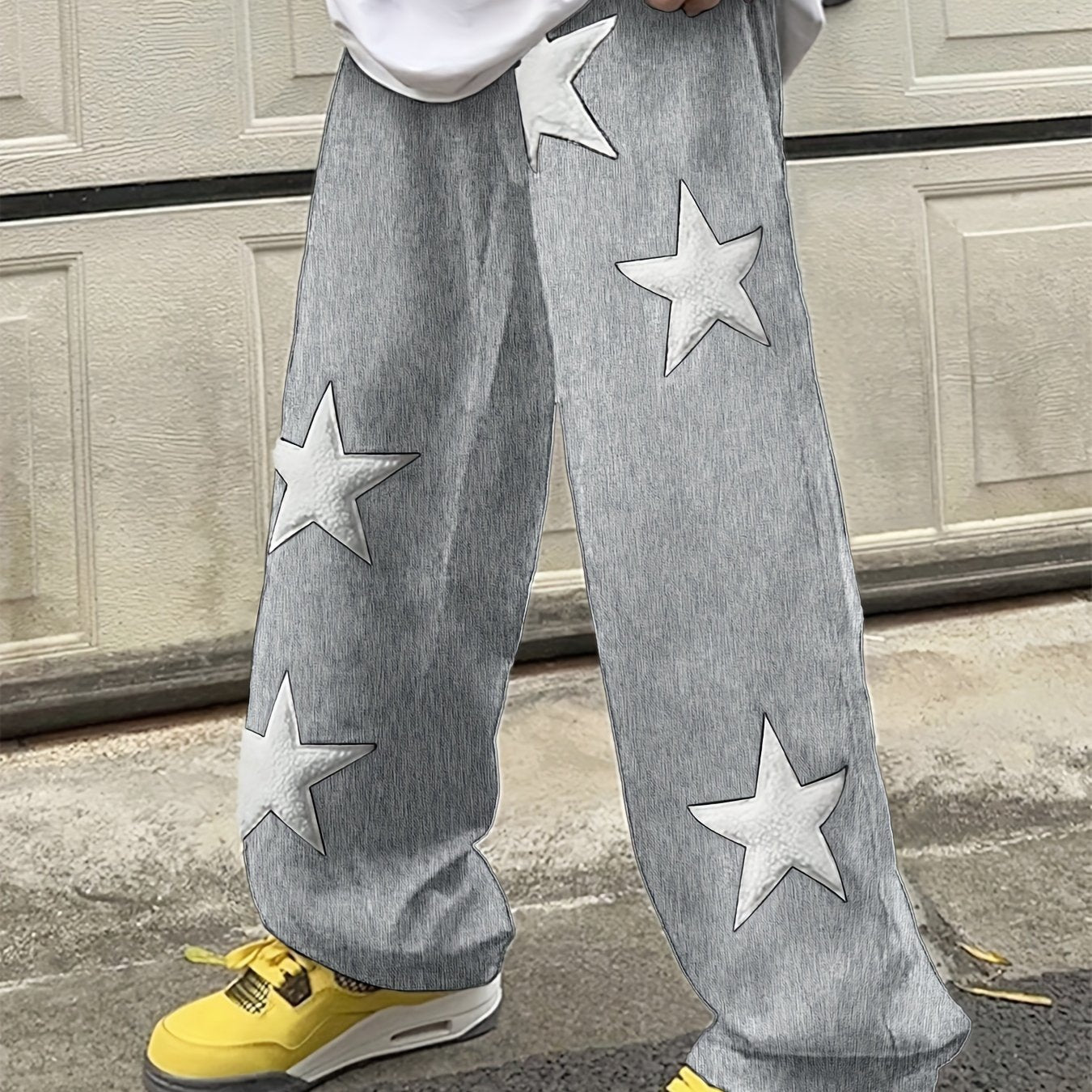 Hearujoy Men's Casual Loose Fit Drawstring Pants With Star Pattern Embroidered Design, Lightweight Comfy Pants For Sport And Casual Wear