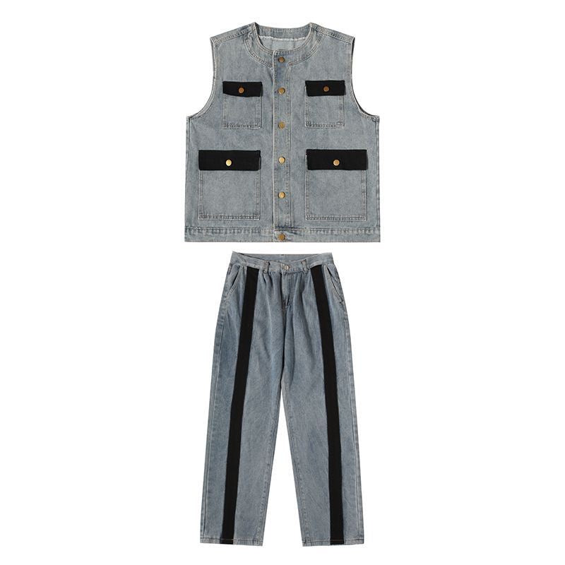 Hearujoy American Vintage Men Denim Two-piece Set Patchwork Multi Pocket Vest And Jeans Pant Fashion High Street Suit Tank Tops Outfits
