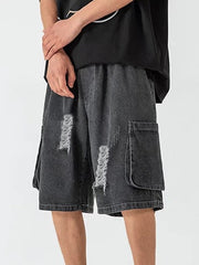 Hearujoy Dark grey vintage men's denim shorts with ripped pockets