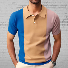 Hearujoy 2025 Summer New Mens contrast color Polo Shirts Knitwear Fashion Patchwork Knit Tops Short Sleeve Button Lapel Polo Tee Tshirt