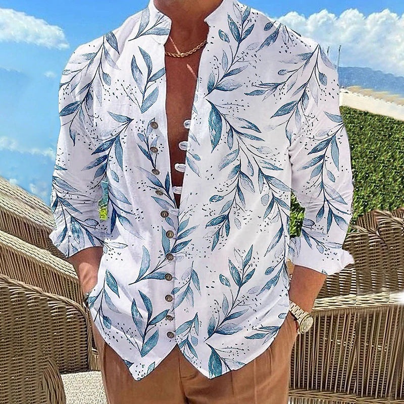 Hearujoy Vintage 3D Print Shirt Mens Long Sleeve Stand Collar Loose Casual Top Streetwear Spring Autumn Fashion Retro Shirts For Men