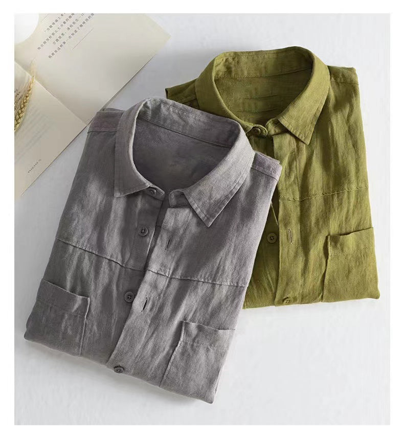 Hearujoy Vintage Linen Shirt For Men Double Pocket Workwear Long Sleeved Top Spring Autumn Leisure Loose Blouse Shirts Cotton Linen Male