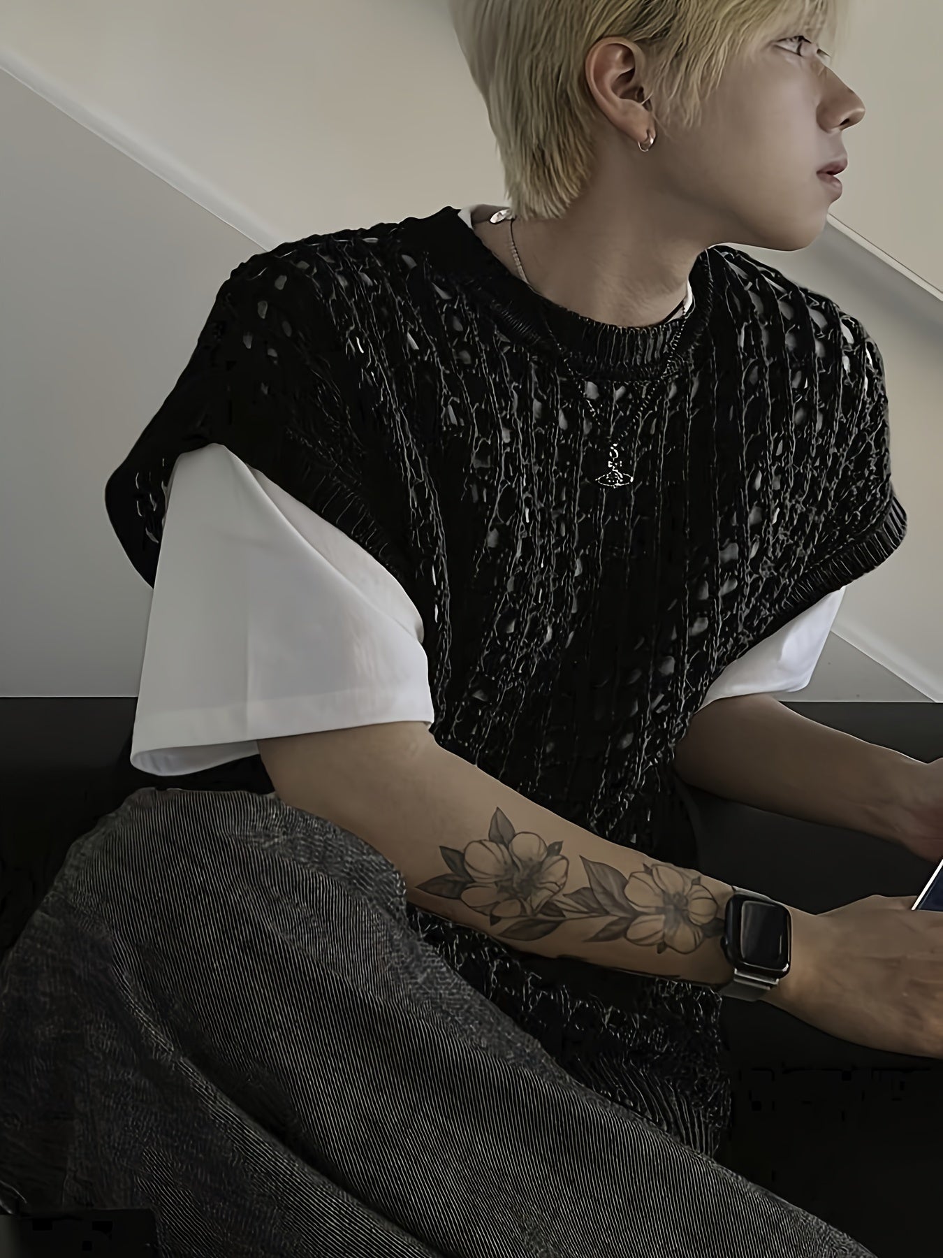 Hearujoy Solid Color Viscose Tank Top - Men's Fashion Hollow-Out Crew Neck Sleeveless Knit Vest for Casual, Outdoor, Streetwear - Spring/Summer/Fall Season