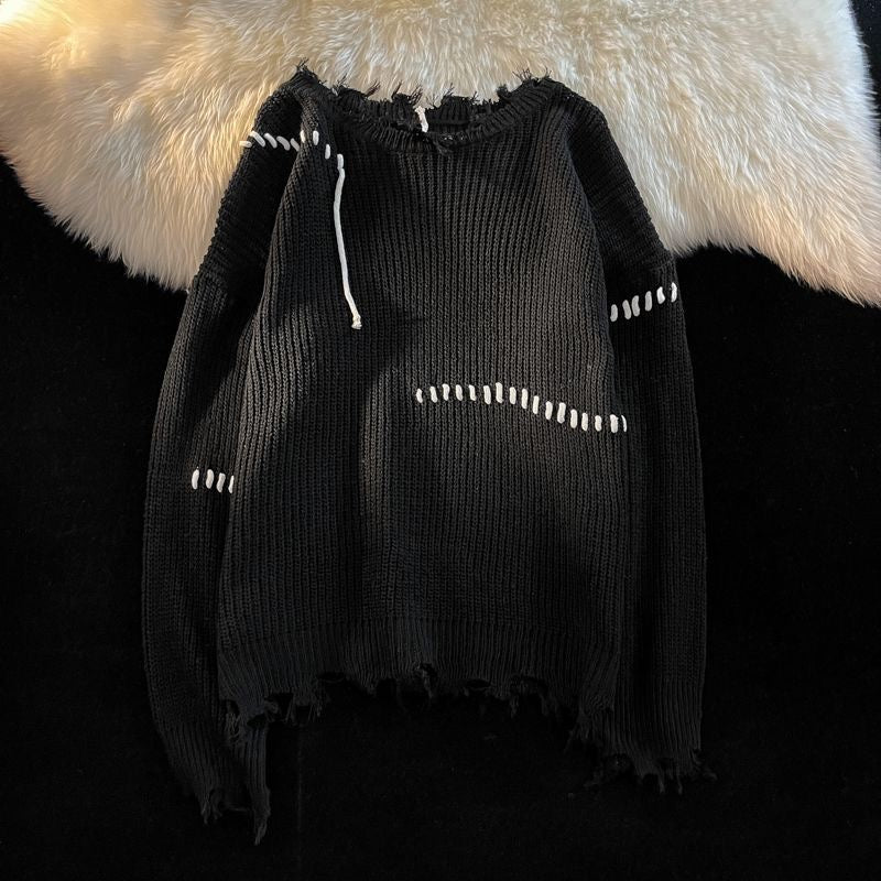 Hearujoy Vintage Hole Tassels Sweater Men Women Autumn Long Sleeves Kint Tops Fashion Loose Knitted Pullover Couples Unisex Streetwear
