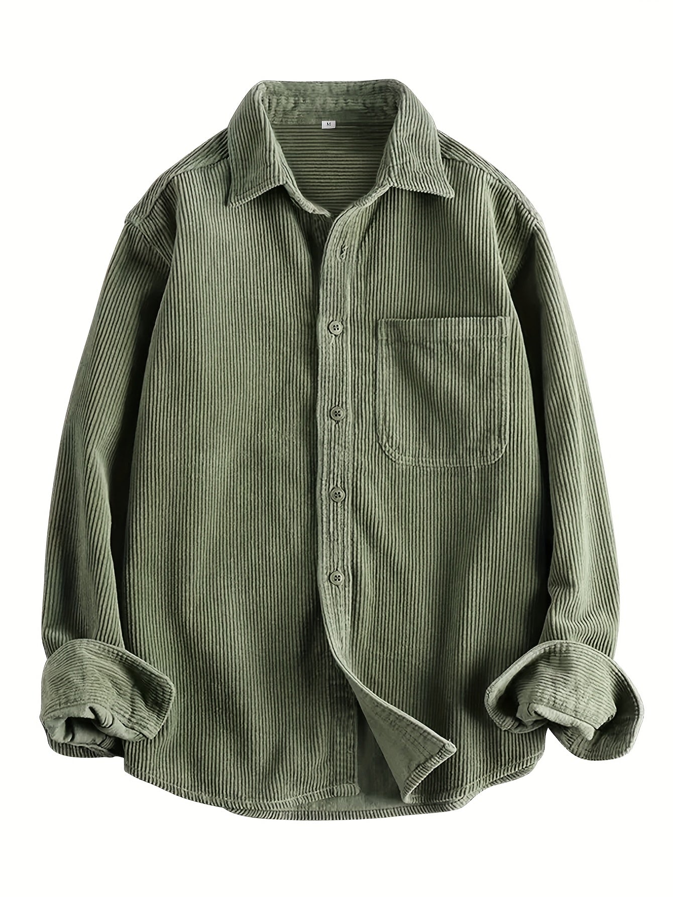 HEARUJOY  -  Men's Casual Corduroy Long Sleeve Shirt - Solid Color, Button Detail, Single Breasted, Loose Fit - Polyester 100%, Non-Stretch Fabric, 270gsm, Acetate Lining, Lapel Collar, Woven Placket, Weeke