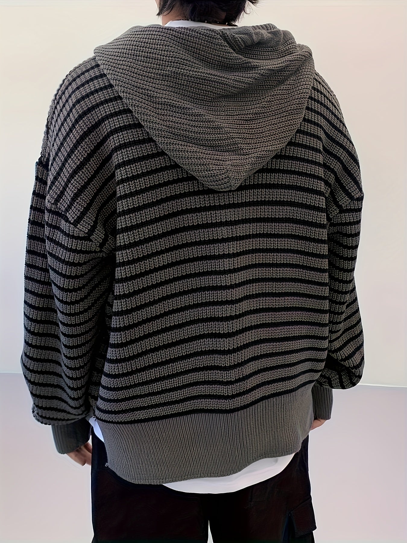 HEARUJOY  -  Men's Casual Striped Hooded Knit Cardigan - Soft Acrylic Zip-Up Sweater, Loose Fit for All Seasons, Black & White Vertical Stripes, Perfect for Commuting or Leisure Outings, Allseason Sweater | Zipup Cardigan | S