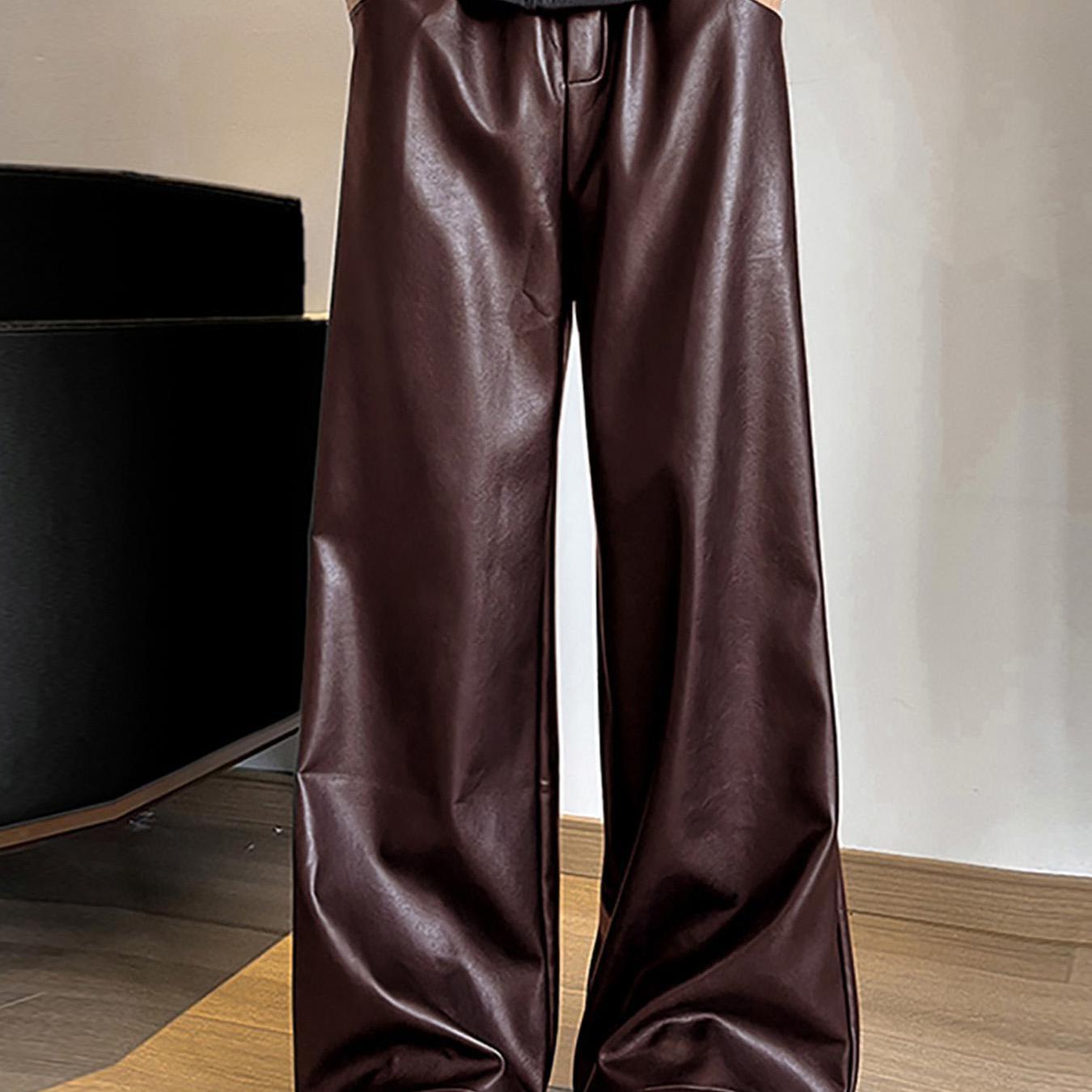 HEARUJOY  -  Men's Casual Straight Leg Pants with Buttoned Waist - Brown Shiny Fabric, Loose Fit for Streetwear, Hip-Hop Style, and Party Wear