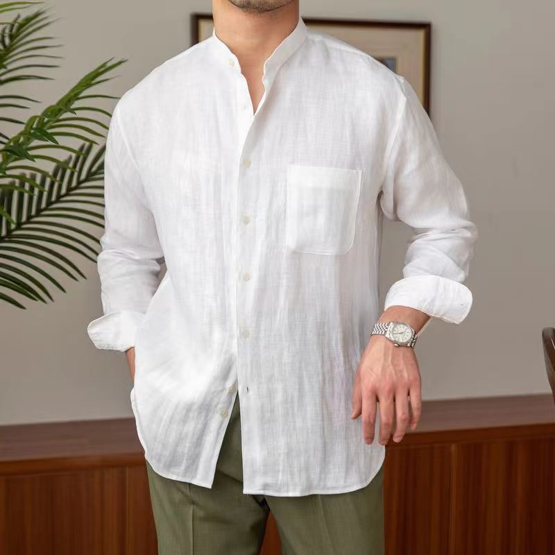 Hearujoy Vintage  Linen Shirt For Men Summer Thin Breathable Short sleeved Tops Light Luxury Casual Loose Stand Collar Blouse Streetwear