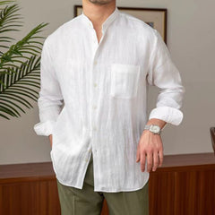 Hearujoy Vintage  Linen Shirt For Men Summer Thin Breathable Short sleeved Tops Light Luxury Casual Loose Stand Collar Blouse Streetwear