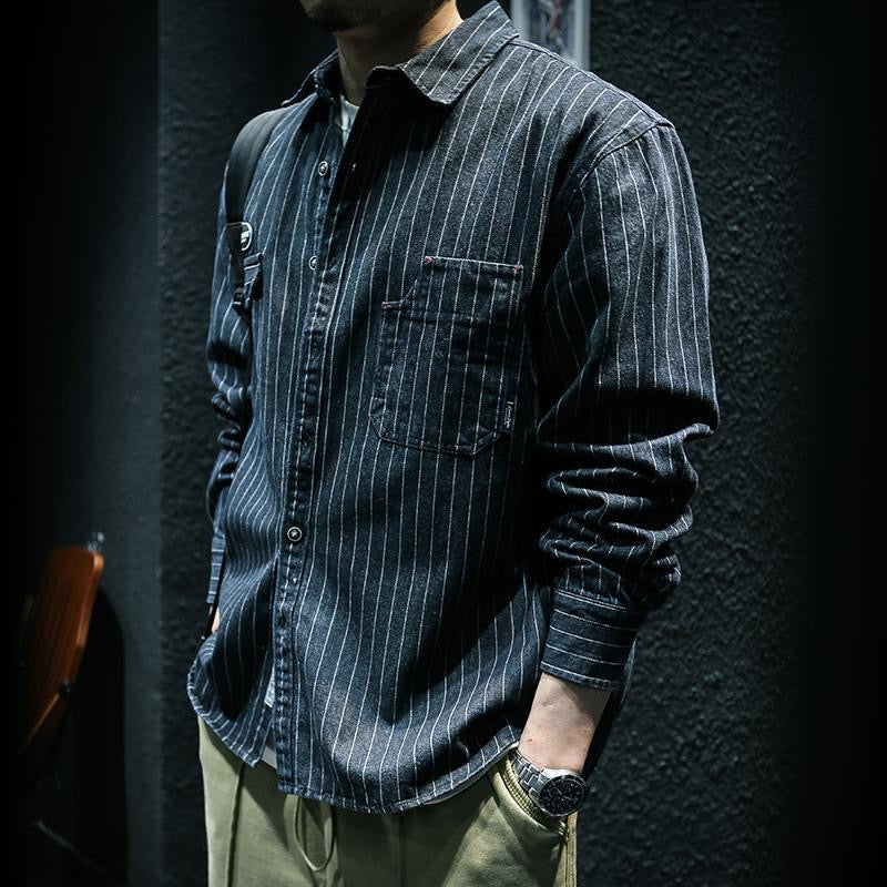 Hearujoy Japanese Retro Style striped shirt For Men Spring Autumn Long Sleeve Loose Tops American heavyweight Workwear Shirts Streetwear