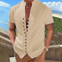Hearujoy New 100% Cotton Linen Vintage Shirts Mens Short Sleeve Stand Collar  Casual Male Blouse Summer Retro Shirt Top Men Clothing