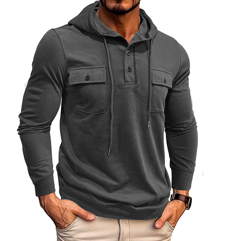 Hearujoy Vintage Men Cotton Hoodie Sweatshirt Fall Casual Loose Long Sleeve Sports Pocket Hooded Pullovers Fashion Solid Tops Streetwear