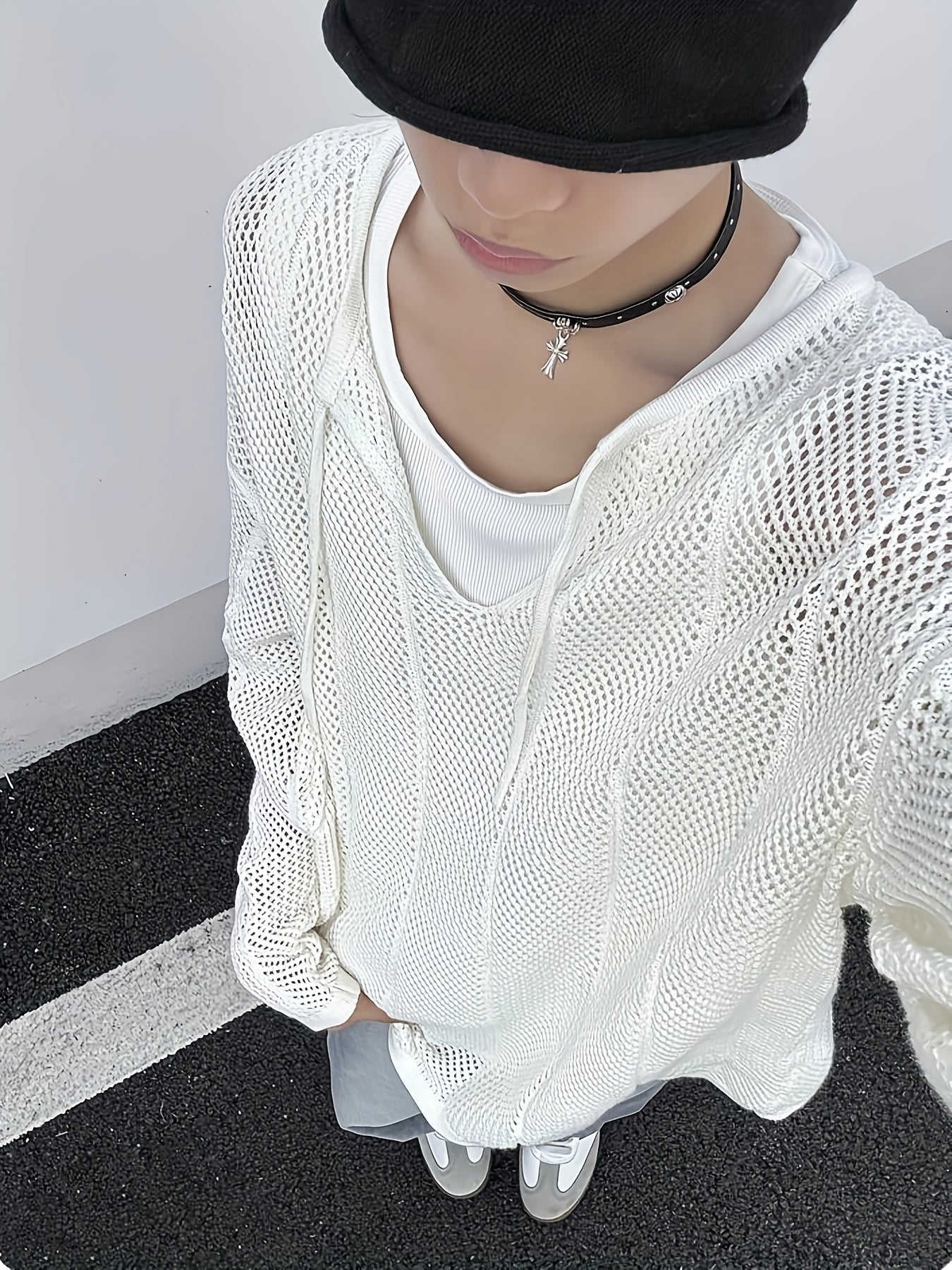 Hearujoy Men'S Casual Knitted Pullover Sweater with Hollow Geometric Square Pattern, Long Sleeves, Keyhole Collar, Loose Fit, 100% Polyester Fiber, Medium Elasticity, 7.76 oz/Square Meter, Suitable for Wearing on Spring And A