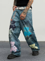 Hearujoy Men'S Street Style Wide Leg Faux Denim, 100% Polyester, Unique Chain Print & Burnout Design, Casual Mid Waist with Pockets, Non-Stretch Woven Fabric, Zipper Placket, Loose Fit, Regular Length