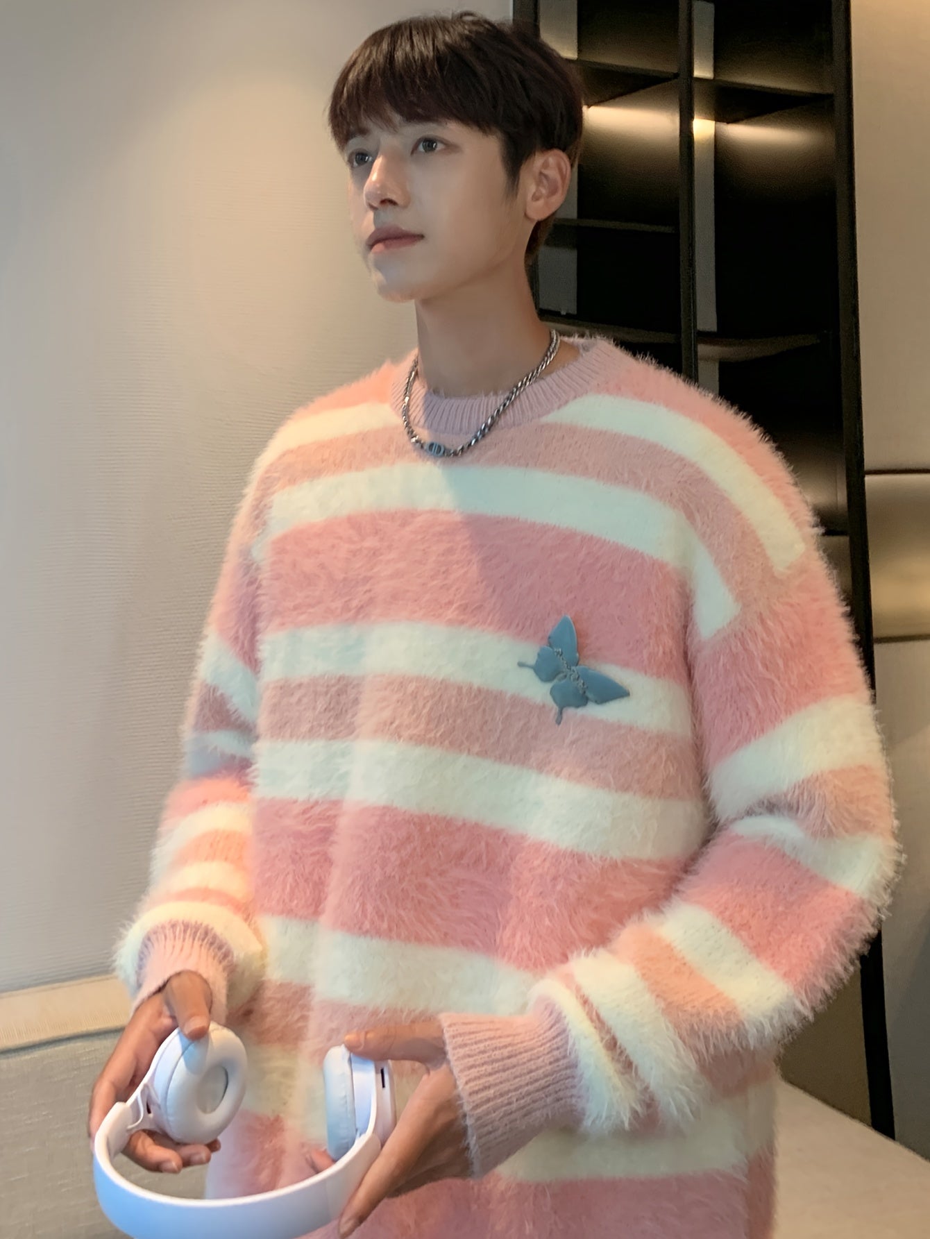 Men'S Casual Crew Neck Sweater, 100% Polyester Knit Fabric, Striped Color Block, Loose Fit, Medium Stretch, Fall/Winter Outerwear, Soft and Cozy Couples' Sweater