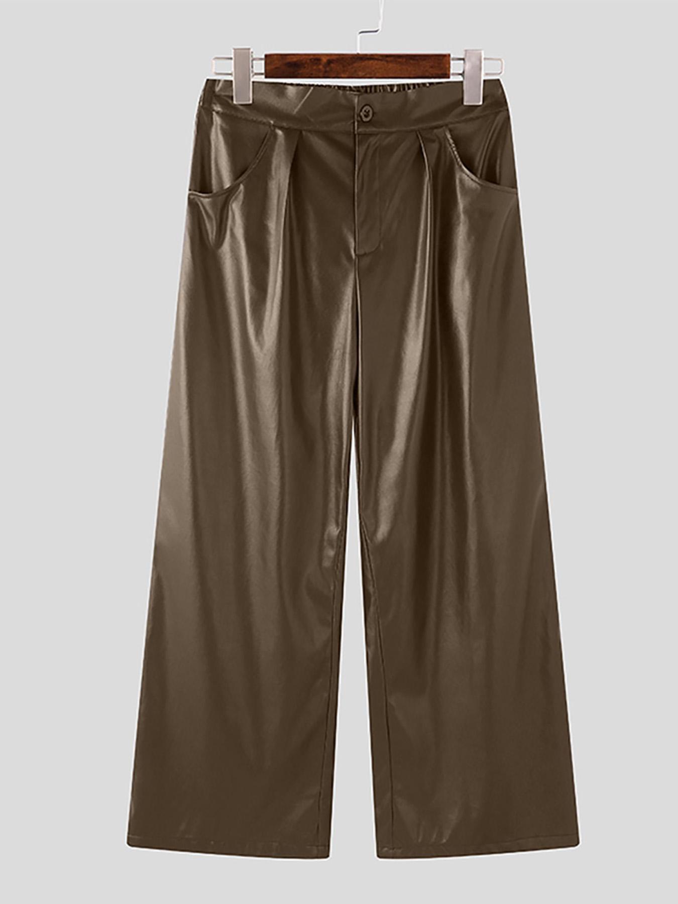 HEARUJOY  -  Men's Casual Straight Leg Pants with Buttoned Waist - Brown Shiny Fabric, Loose Fit for Streetwear, Hip-Hop Style, and Party Wear