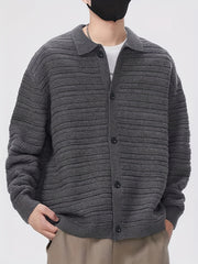 Hearujoy Men'S Fall/Winter Casual Rib-Knit Cardigan, Acrylic Blend, Preppy Style, Loose Fit, Relaxed Shoulder, Long Sleeve, Solid Color, Medium Stretch, Knit Fabric, with Lapel Collar and Open Front for Men