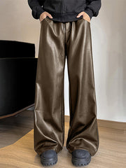 HEARUJOY  -  Men's Casual Straight Leg Pants with Buttoned Waist - Brown Shiny Fabric, Loose Fit for Streetwear, Hip-Hop Style, and Party Wear