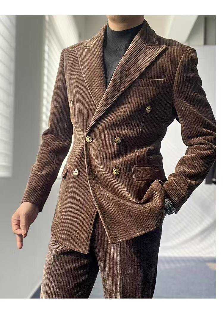 Hearujoy British Style Men's Corduroy Casual Double Breasted Suit And Naples Pant Two-piece Set Fashion Vintage Business Suits Outfits