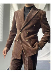 Hearujoy British Style Men's Corduroy Casual Double Breasted Suit And Naples Pant Two-piece Set Fashion Vintage Business Suits Outfits