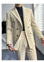Hearujoy British Style Men's Corduroy Casual Double Breasted Suit And Naples Pant Two-piece Set Fashion Vintage Business Suits Outfits