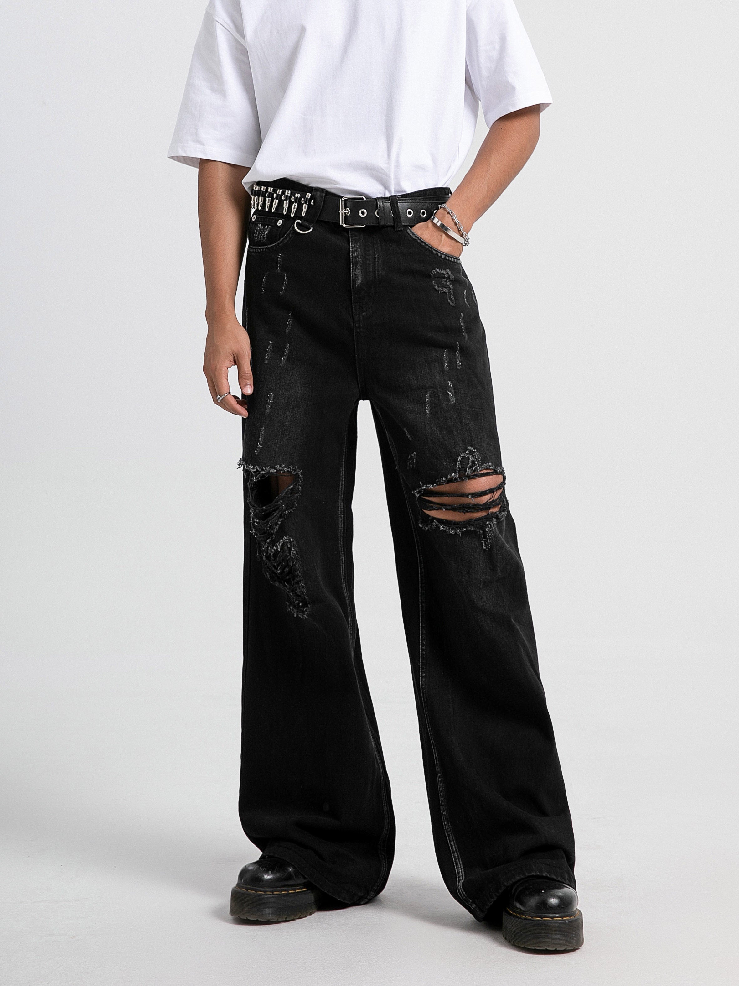 Hearujoy [Distressed Men's Street Jeans Designs] Men's Jeans With Distressed Designs On The Street, Men's Ins Street Dance Skateboard, Loose Straight Leg Casual Denim Pants