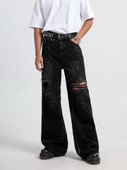 Hearujoy [Distressed Men's Street Jeans Designs] Men's Jeans With Distressed Designs On The Street, Men's Ins Street Dance Skateboard, Loose Straight Leg Casual Denim Pants