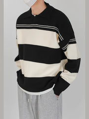 Hearujoy Men's Preppy Striped Knit Shirt - Casual Long Sleeve, Loose Fit for Spring/Fall