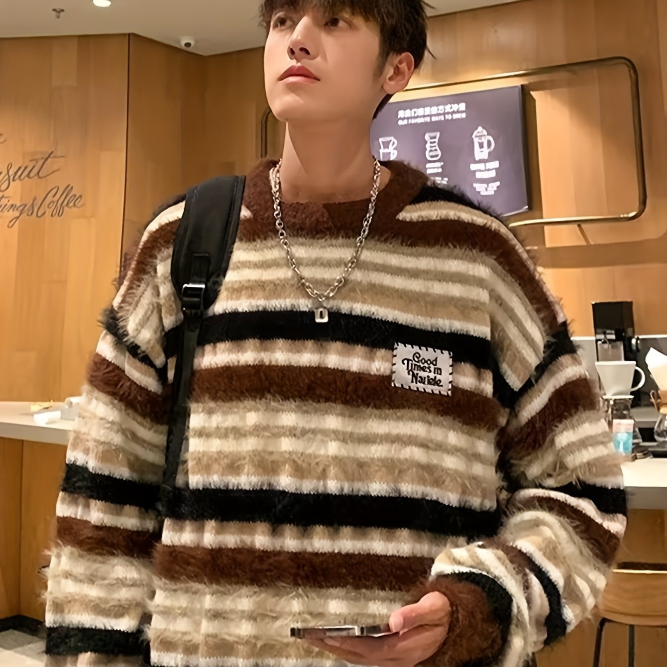 Hearujoy Cozy Striped Knit Sweater for Men - Casual Loose Fit, Color Block Design, Perfect for Fall/Winter