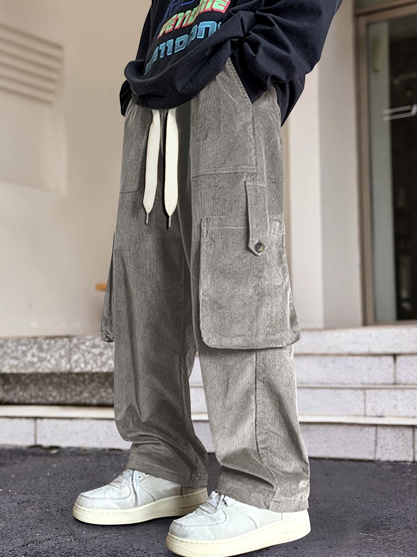 Hearujoy Men's Loose Solid Corduroy Pants With Multi Pockets, Casual Drawstring Trousers For Outdoor Activities Gift