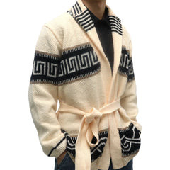 Hearujoy Autumn Winter Men Thicken Jacquard Knitted Cardigan Coat Vintage Turndown Collar With Waistband Thick Needle Sweater Streetwear