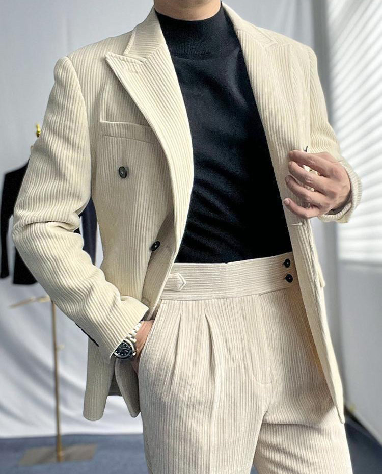 Hearujoy British Style Men's Corduroy Casual Double Breasted Suit And Naples Pant Two-piece Set Fashion Vintage Business Suits Outfits